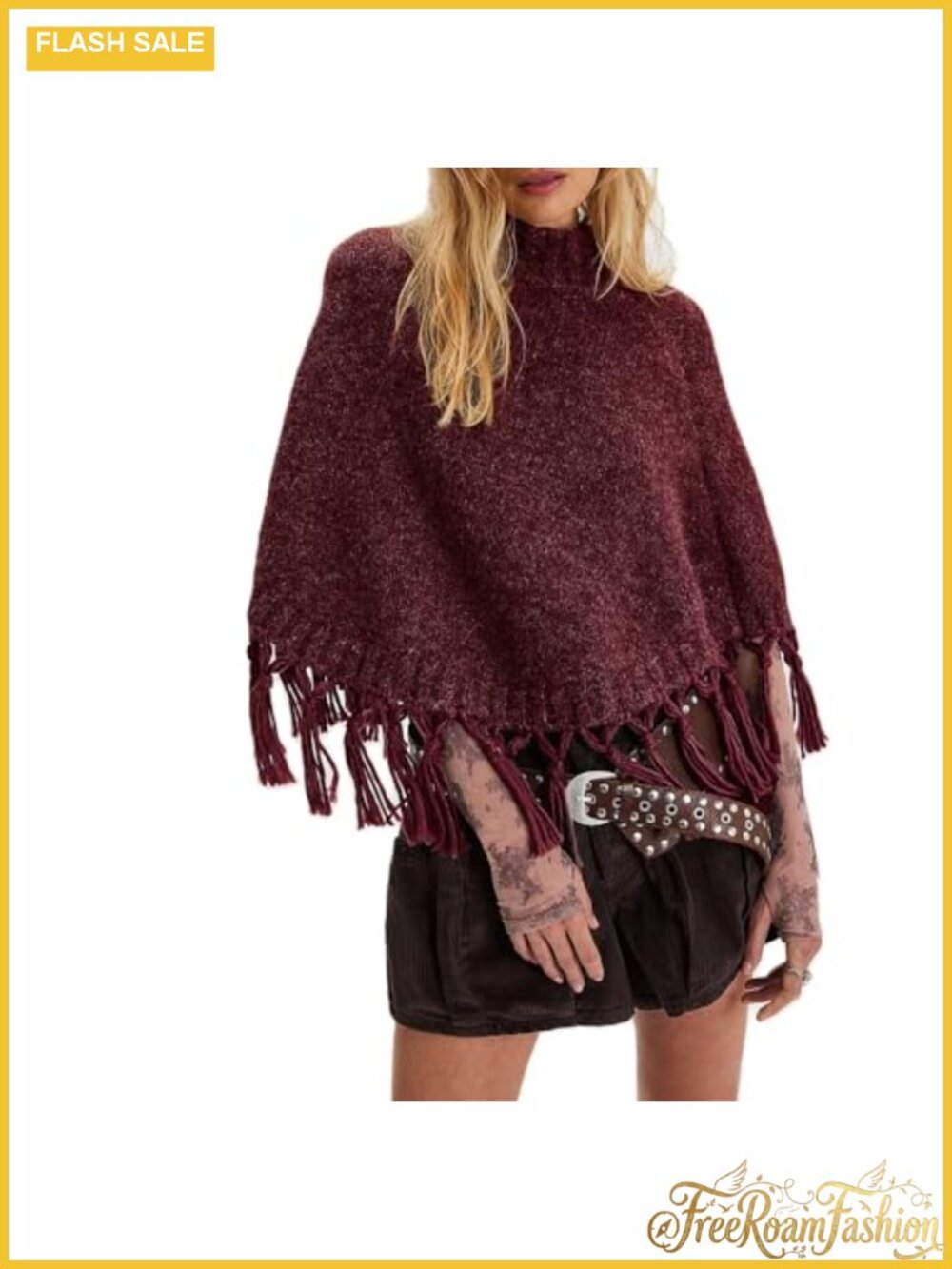 Women's Tassel Knit Cropped Poncho Mock Neck Fringe Shawl Wrap Sweater